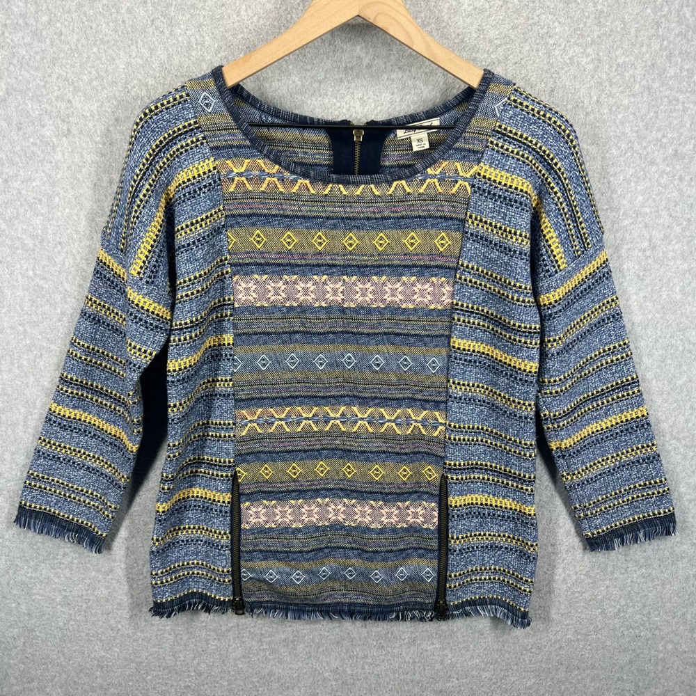 Lucky Brand Sweater Women XS Blue Boho Tribal Geometric Fringed Hem Zipper EUC
